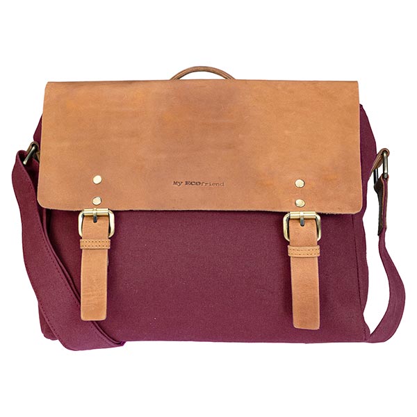 Tasche Messenger klein, bordeaux, Ziegenleder und Canvas