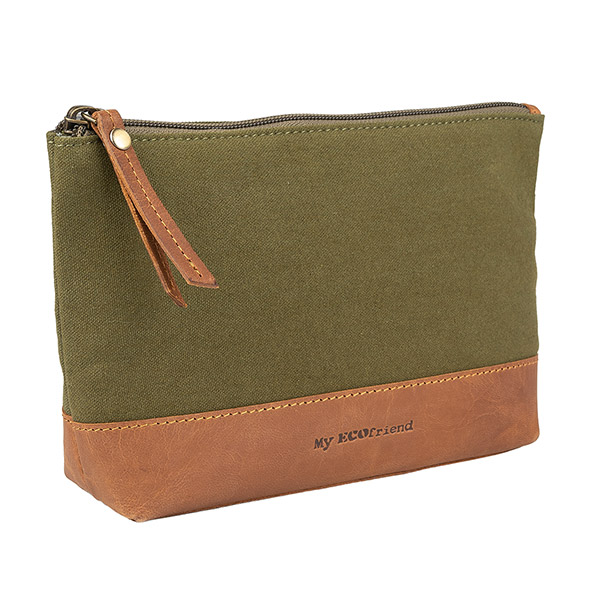 Kosmetiktasche waldgrün, Leder und bio-Baumwollcanvas / CONTIGO Fairtrade Onlineshop