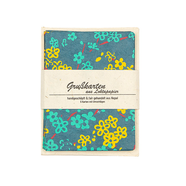 5 Mini Karten mit Umschlag BLÜMCHEN, petrol / CONTIGO Fairtrade Onlineshop