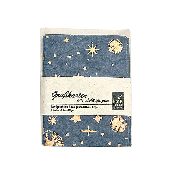 5 Mini Karten mit Umschlag FIRMAMENT nachtblau-gold-kupfer, Lokta handgeschöpft