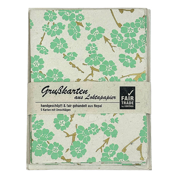 5 Karten mit Umschlag CHERRY TREE, natur-mint-gold, Lokta handgeschöpft