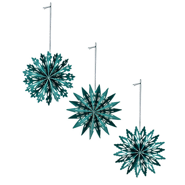 3er Set Schneeflocken, 11 cm, dunkelgrün, Papier