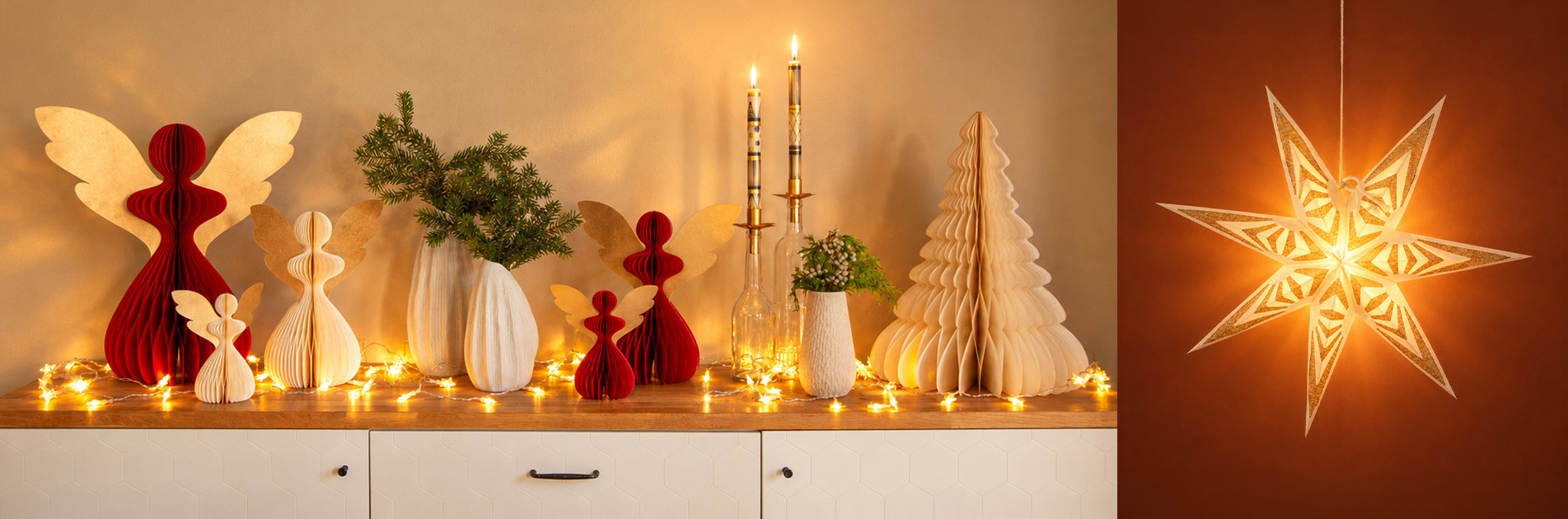 Festliche Origami-Weihnachtsdeko, Engel, Fensterdeko mit Kerzen und Leuchtstern von CONTIGO Fairtrade Shop