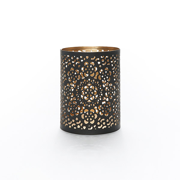 Windlicht 8x10cm FLOWER, schwarz-gold, Eisenblech