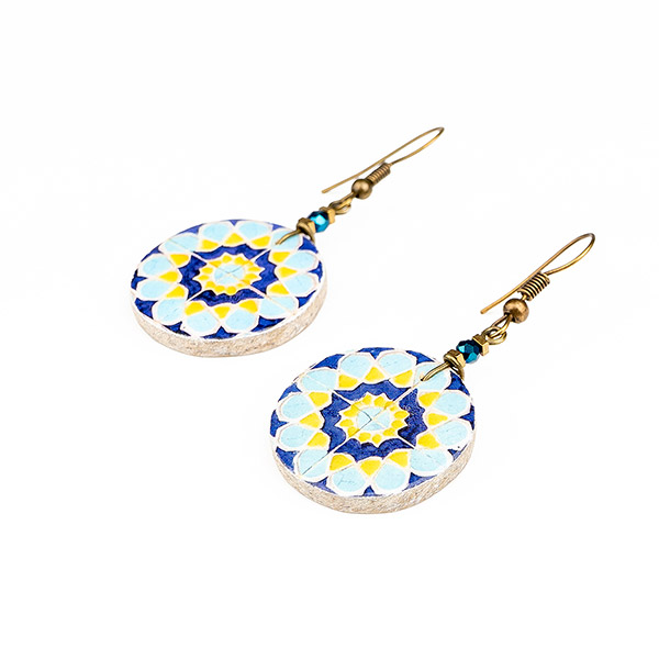 Ohrringe DISC Mandala blau-gelb, Fliese