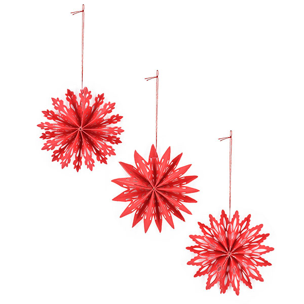 3er Set Schneeflocken, 11 cm, rot, Papier