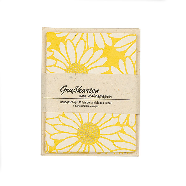 5 Mini Karten mit Umschlag SONNENBLUME, gelb-natur-gold / CONTIGO Fairtrade Onlineshop