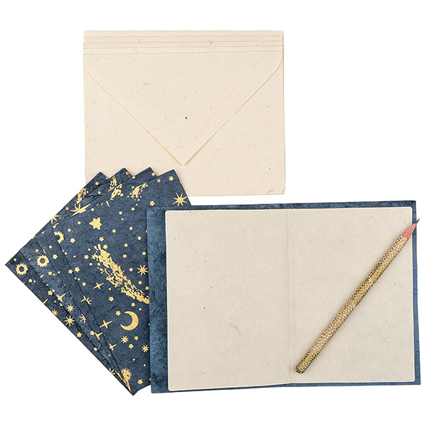 5 Karten mit Umschlag FIRMAMENT nachtblau-gold-kupfer, Lokta / CONTIGO Fairtrade Onlineshop