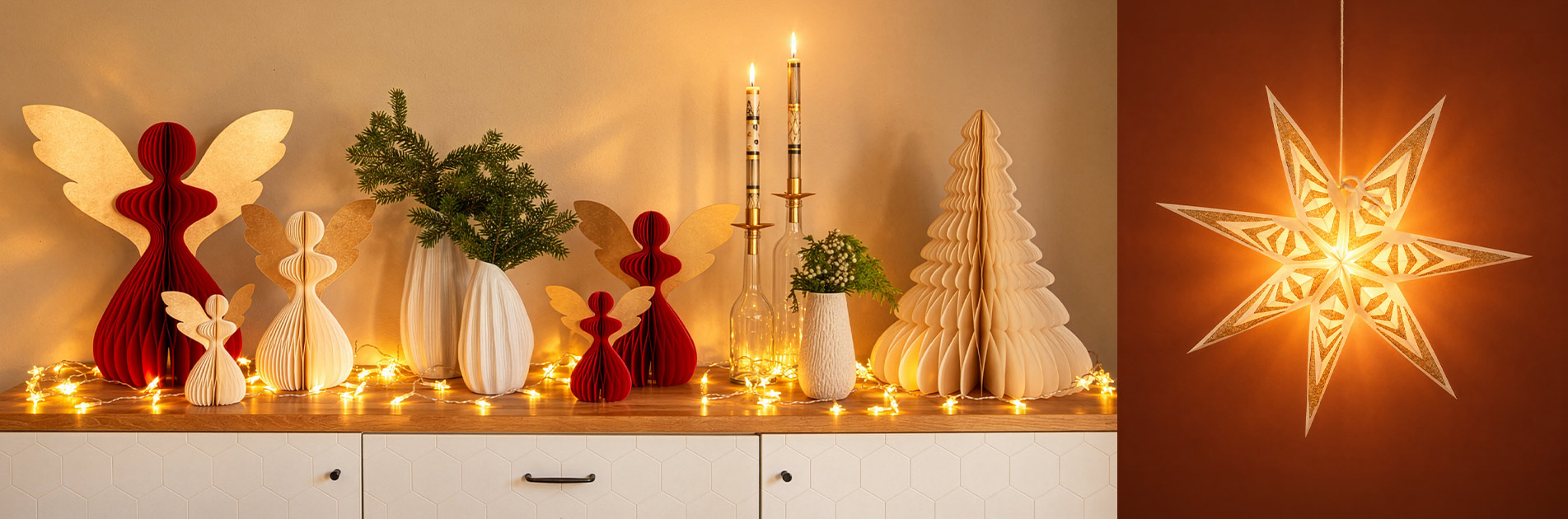 Festliche Origami-Weihnachtsdeko, Engel, Fensterdeko mit Kerzen und Leuchtstern von CONTIGO Fairtrade Shop