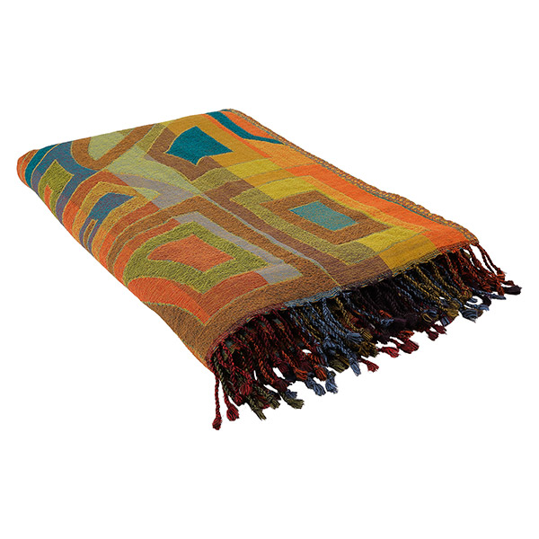 Wolldecke Plaid 200x140 RETRO, blau-petrol-curry, 100 % Wolle