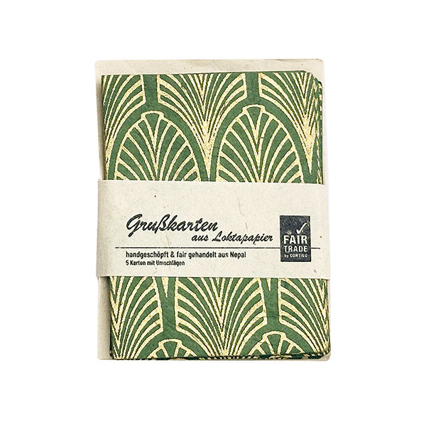 5 Mini Karten mit Umschlag FEATHERS piniengrün-gold, Lokta / CONTIGO Fairtrade Onlineshop