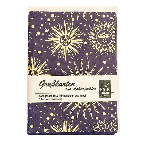 5 Karten mit Umschlag SOLAR violet-gold, Lokta handgeschöpft