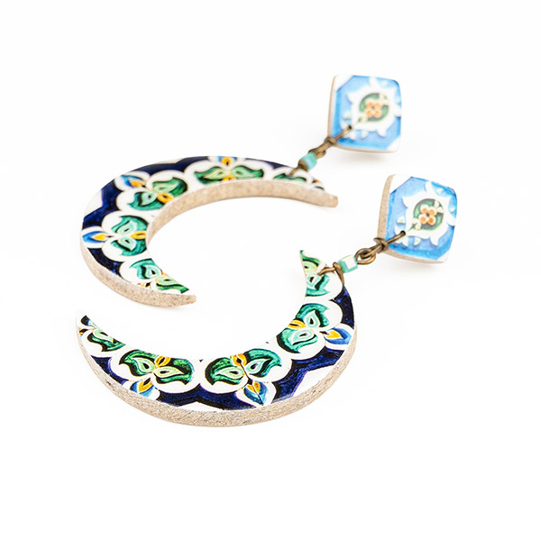 Ohrringe DOUBLE MOON blau-bunt, Fliese