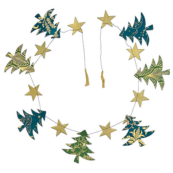 Girlande WINTERWALD, 100 cm, piniengrün, petrol, gold, Loktapapier handgeschöpft