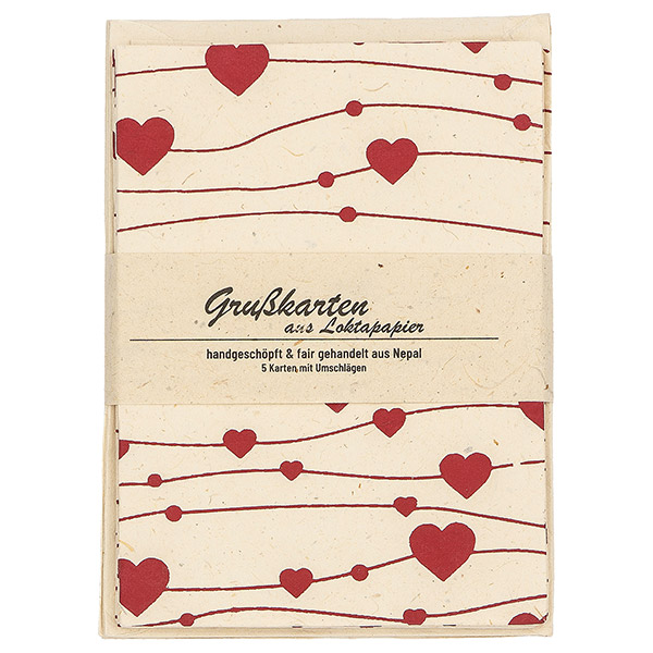 5 Karten mit Umschlag HERZCHEN natur-beere, Loktapapier / CONTIGO Fairtrade Onlineshop