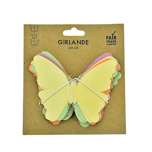 Girlande Schmetterlinge 3D 220cm, buttergelb-hellgrün-pink-apricot, Papier / CONTIGO Fairtrade Onlineshop
