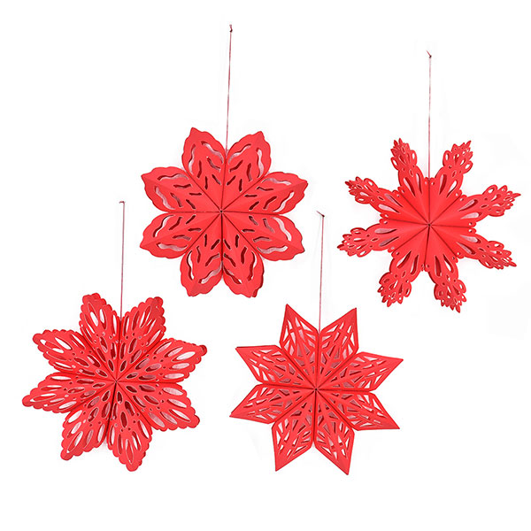 4er Set Faltsterne Schneeflocken, 15 cm, rot, Papier