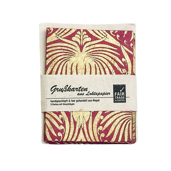 5 Mini Karten mit Umschlag ONION LOTUS beere-gold, Lokta handgeschöpft