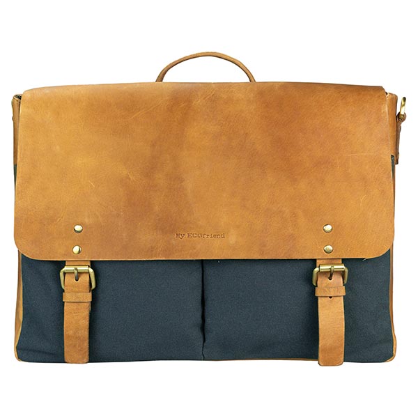 Tasche Messenger groß, nachtblau, Ziegenleder und Canvas