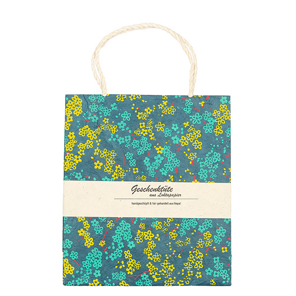 Geschenktüte M BLÜMCHEN, petrol-gelb-türkis-fuchsia / CONTIGO Fairtrade Onlineshop