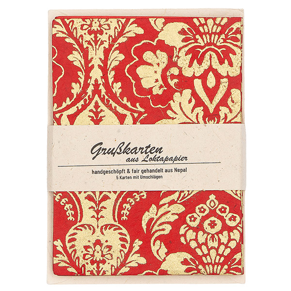 5 Karten mit Umschlag BAROCK rot-gold, Loktapapier / CONTIGO Fairtrade Onlineshop