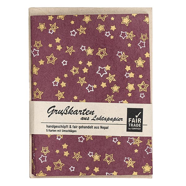 5 Karten mit Umschlag STERNCHEN himbeerrot-weiß-gold, Lokta / CONTIGO Fairtrade Onlineshop
