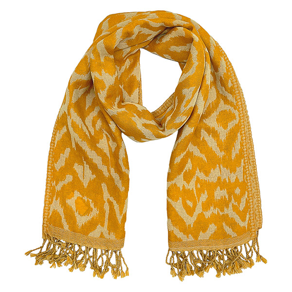 Wollschal IKAT, senfgelb-cremeweiß, wendbar, 180x70 cm, 100 % Wolle