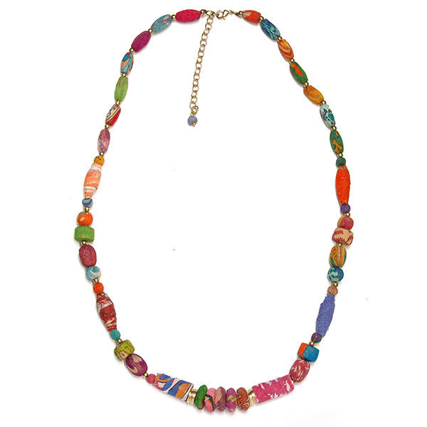 Halskette Kantha Mixed Beads bunt, Textil mit Messing