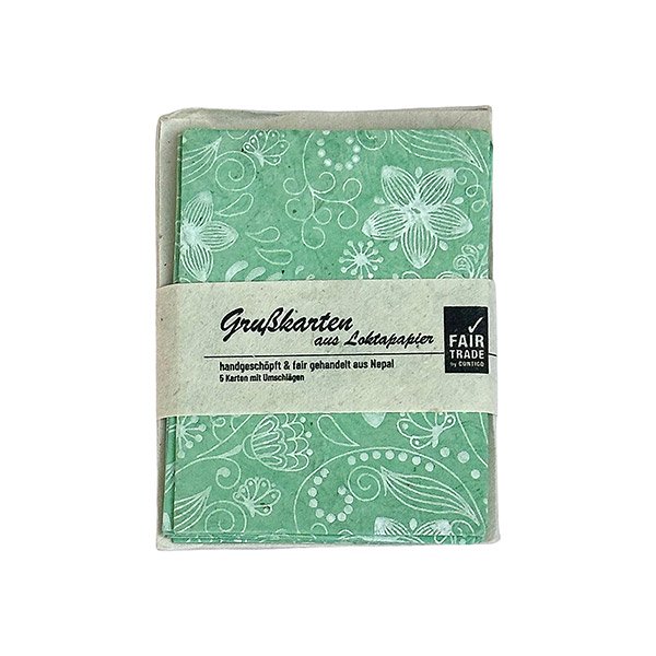 5 Mini Karten mit Umschlag, JASMIN GARDEN, mintgrün-weiß, Loktapapier handgeschöpft